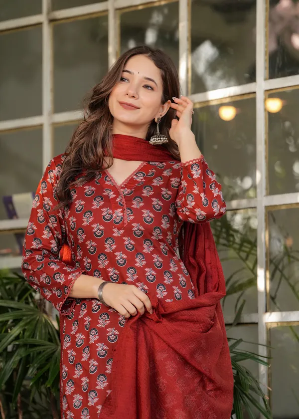 Red Silk Blend Floral Straight Suit with Dupatta