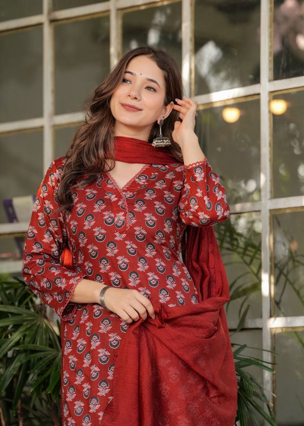 Red Silk Blend Floral Straight Suit with Dupatta