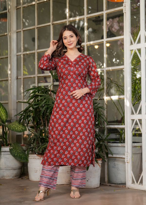 Red Silk Blend Floral Straight Suit with Dupatta