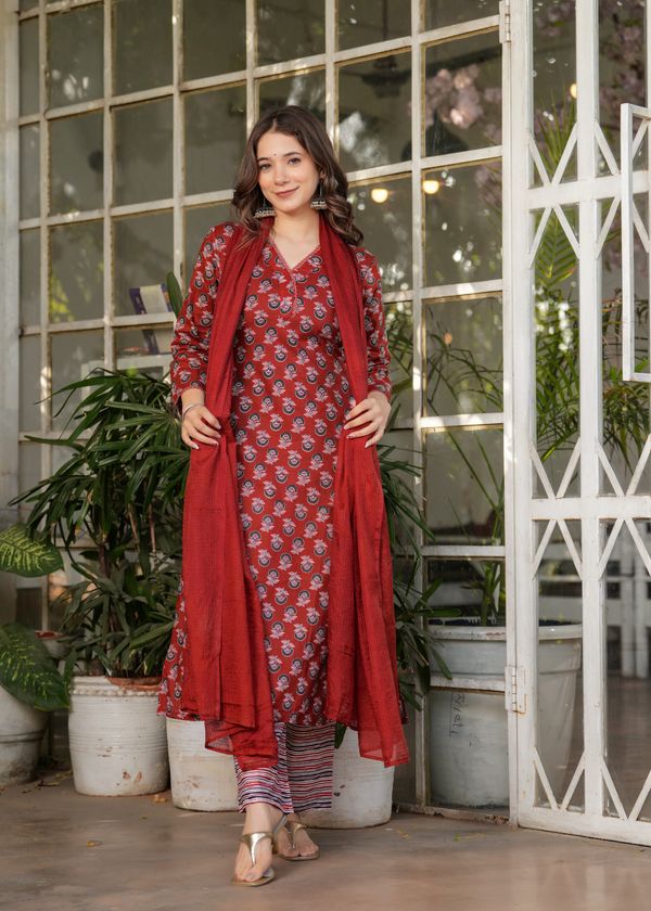 Red Silk Blend Floral Straight Suit with Dupatta