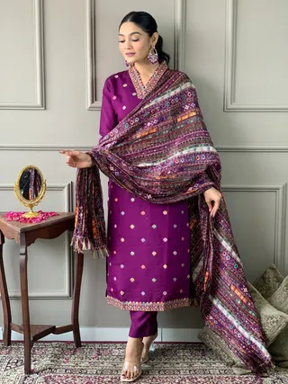 Shop Purple Viscose Chanderi Threadwork Suit Set with Chinon Dupatta