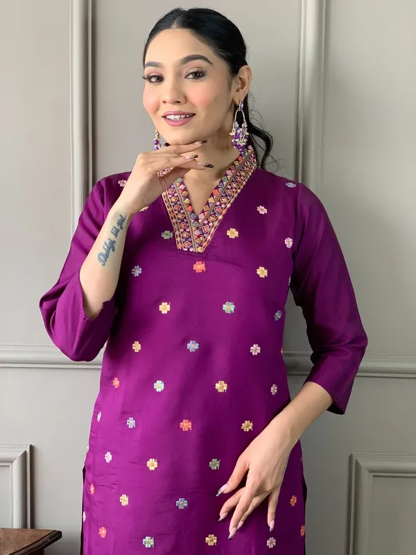 Shop Purple Viscose Chanderi Threadwork Suit Set with Chinon Dupatta