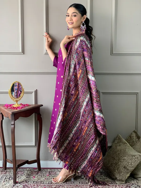Shop Purple Viscose Chanderi Threadwork Suit Set with Chinon Dupatta