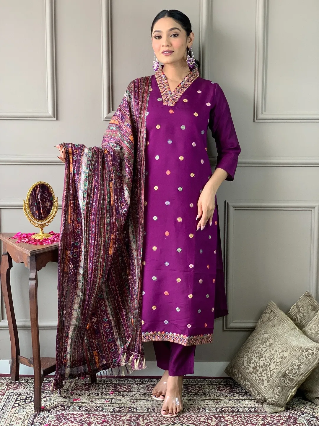 Shop Purple Viscose Chanderi Threadwork Suit Set with Chinon Dupatta