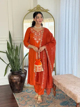 Shop Orange Threadwork Suit Set with Chinon Dupatta