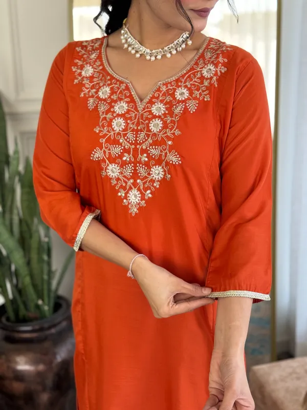 Shop Orange  Threadwork Suit Set with Chinon Dupatta