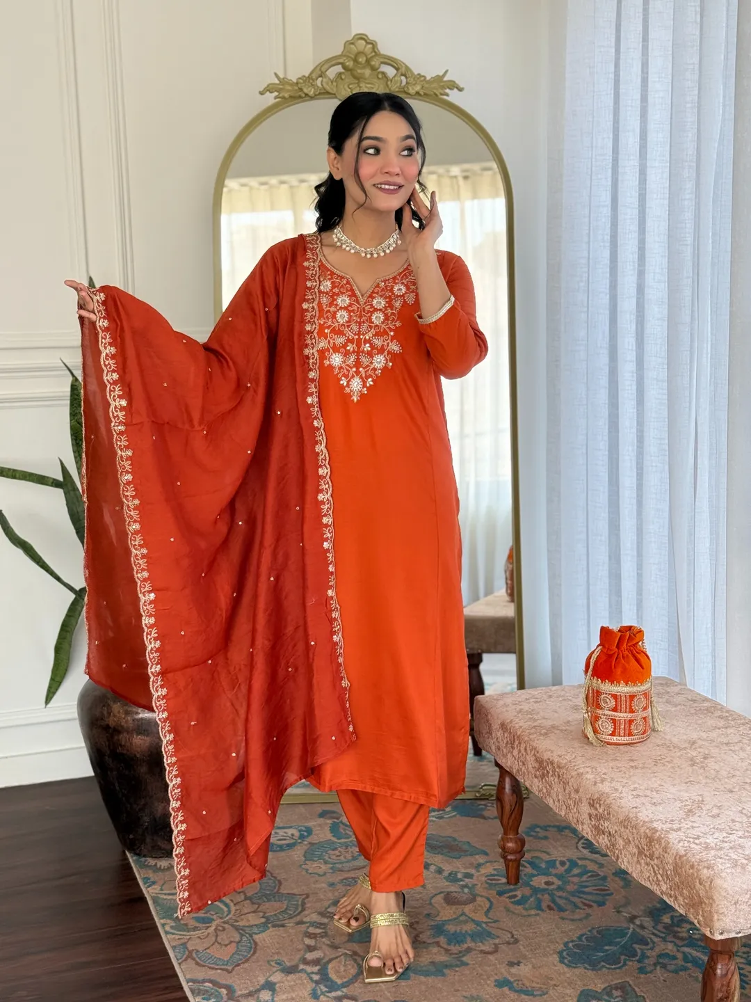 Shop Orange  Threadwork Suit Set with Chinon Dupatta