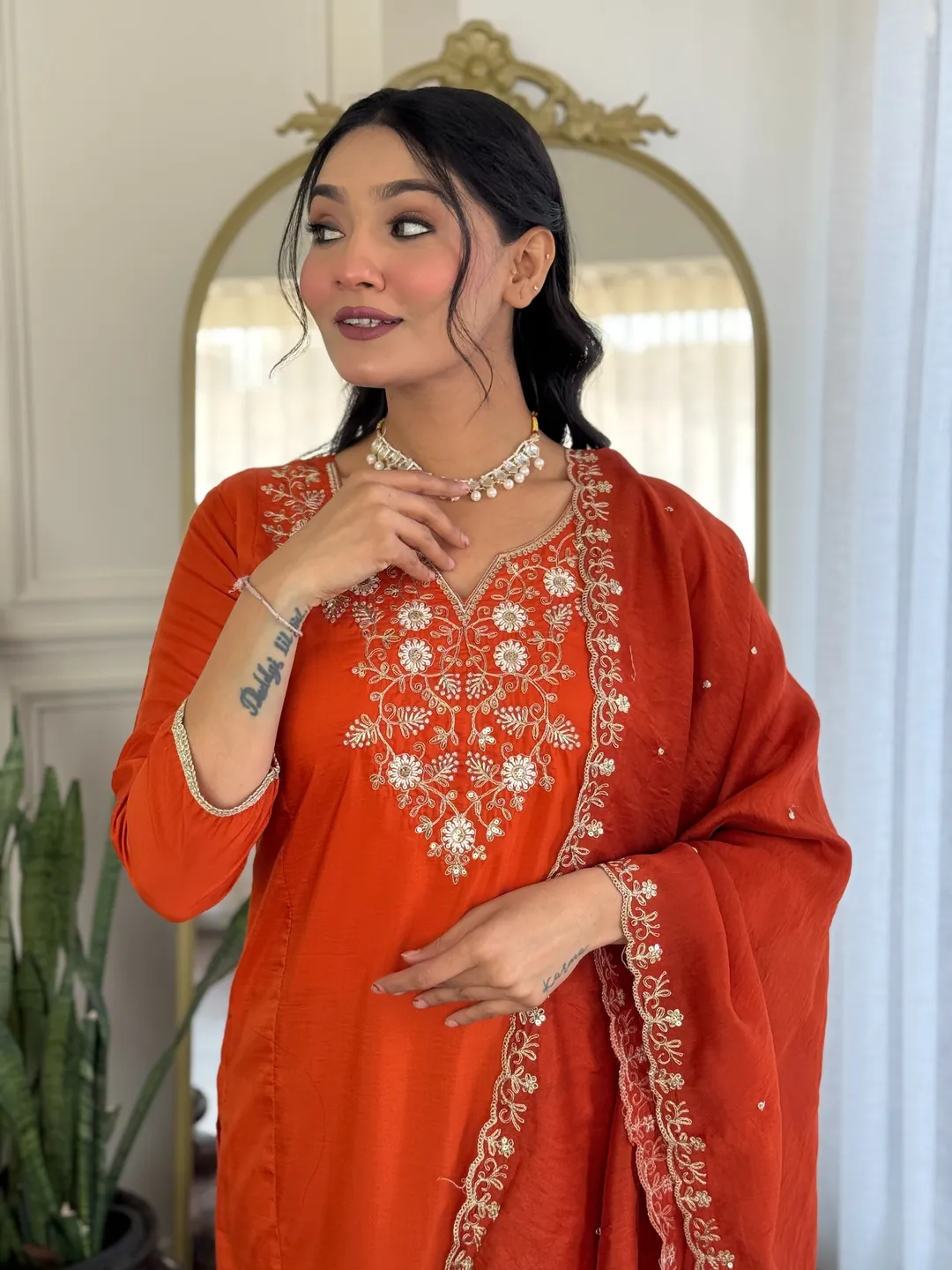 Shop Orange  Threadwork Suit Set with Chinon Dupatta