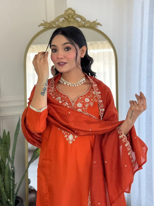 Shop Orange  Threadwork Suit Set with Chinon Dupatta
