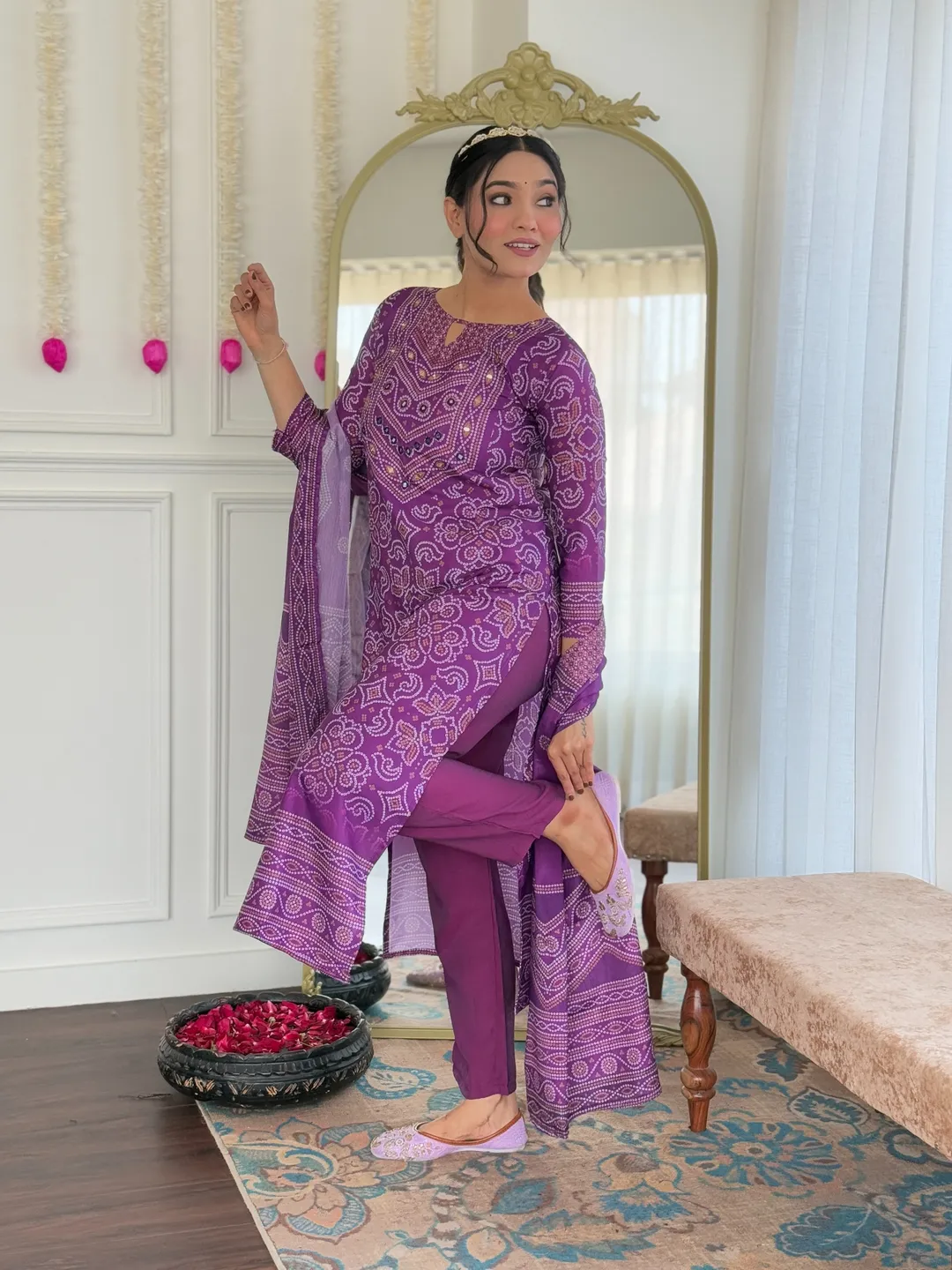 Shop Purple French Crepe Hand Mirror Work Suit Set