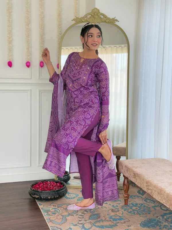 Shop Purple French Crepe Hand Mirror Work Suit Set