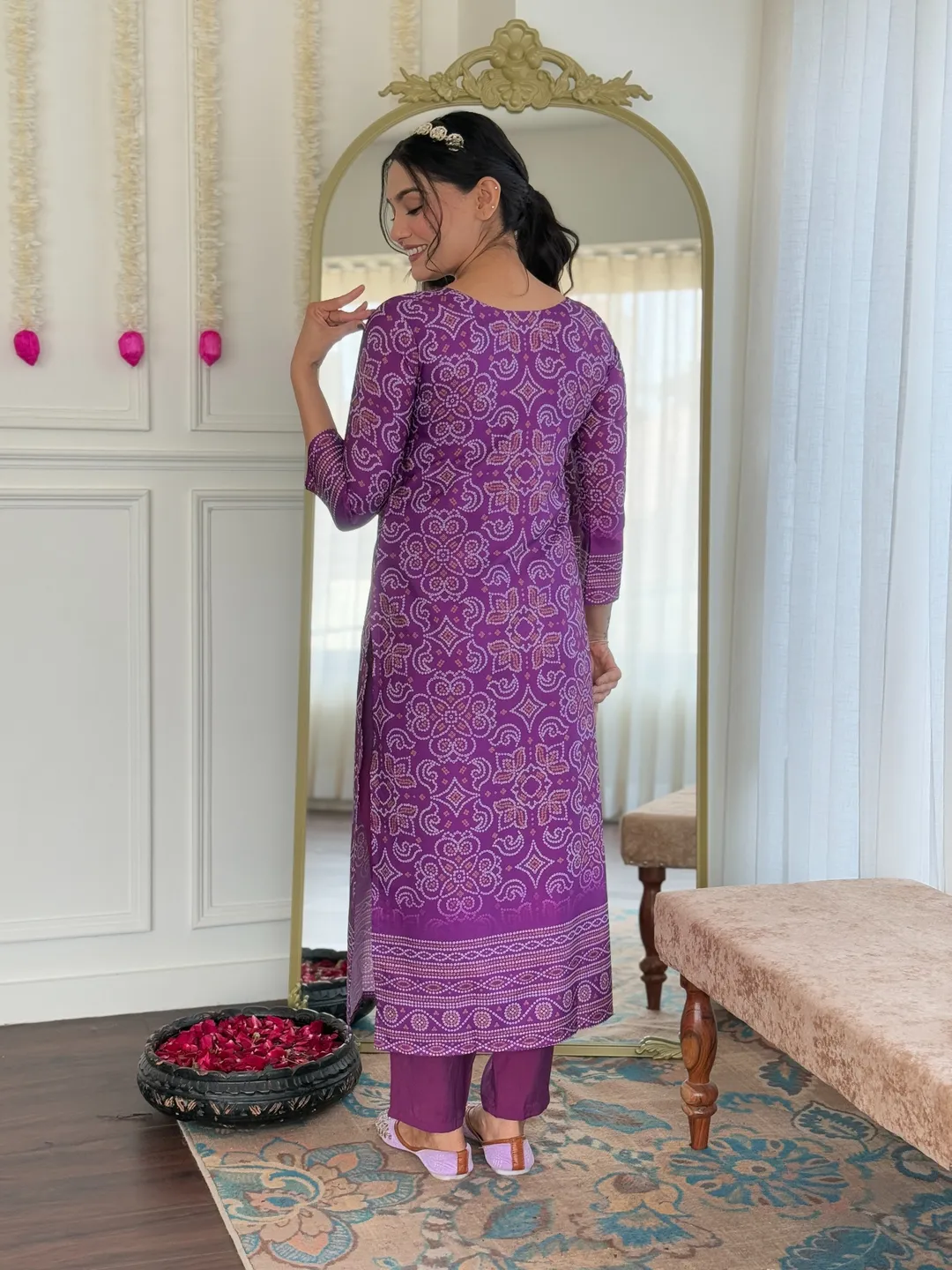 Shop Purple French Crepe Hand Mirror Work Suit Set