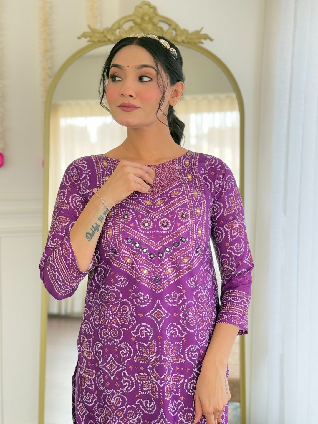 Shop Purple French Crepe Hand Mirror Work Suit Set