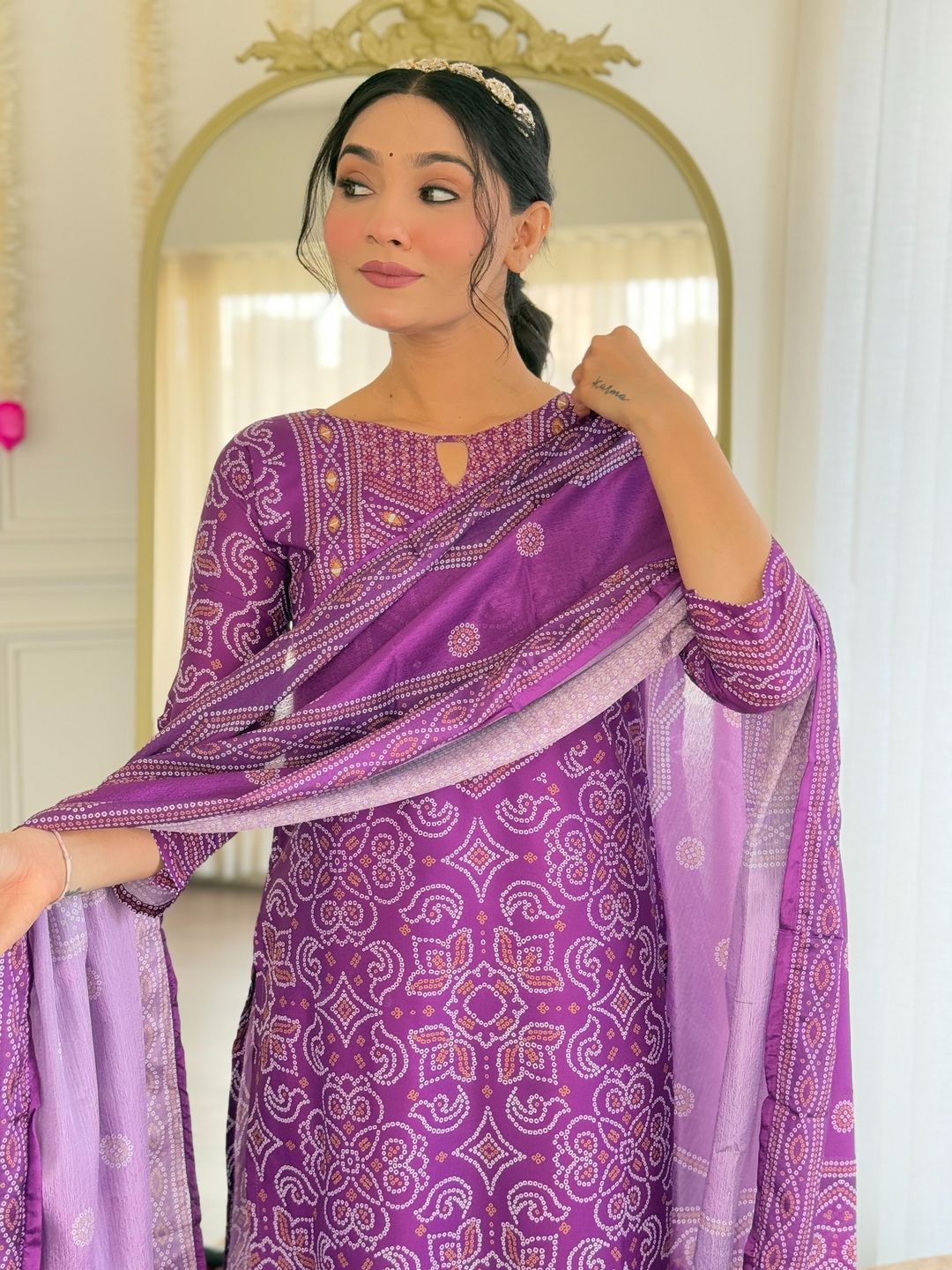 Shop Purple French Crepe Hand Mirror Work Suit Set