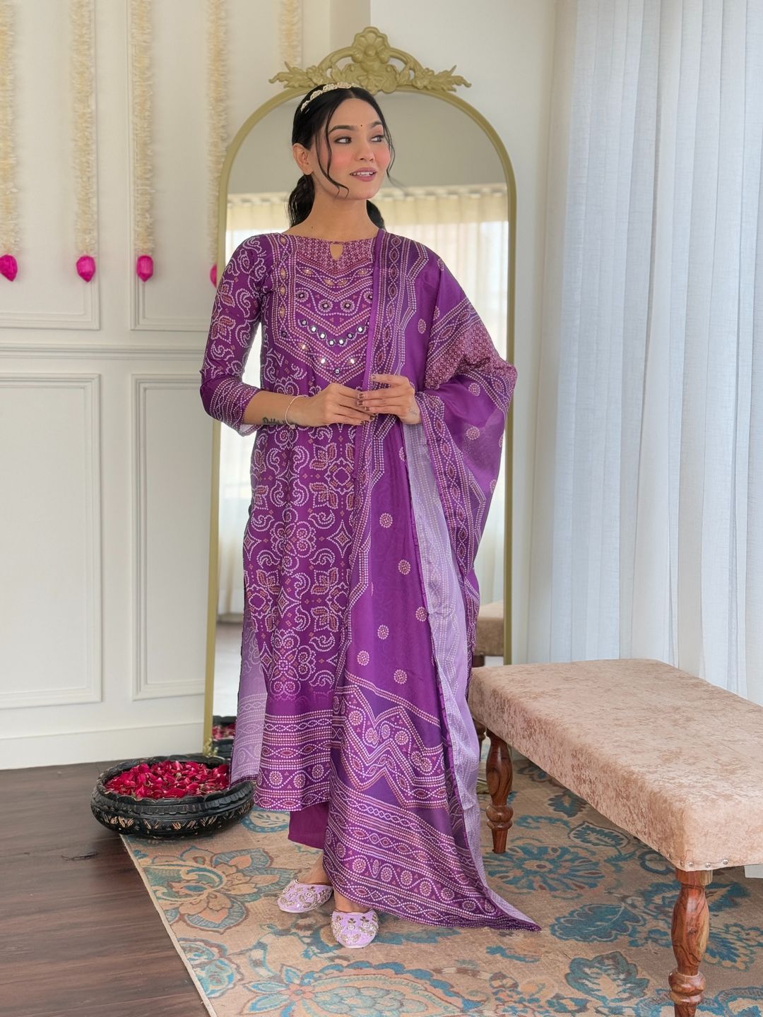 Shop Purple French Crepe Hand Mirror Work Suit Set