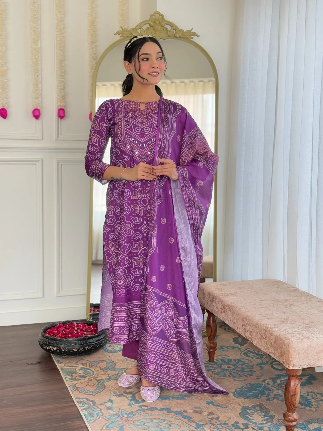 Shop Purple French Crepe Hand Mirror Work Suit Set