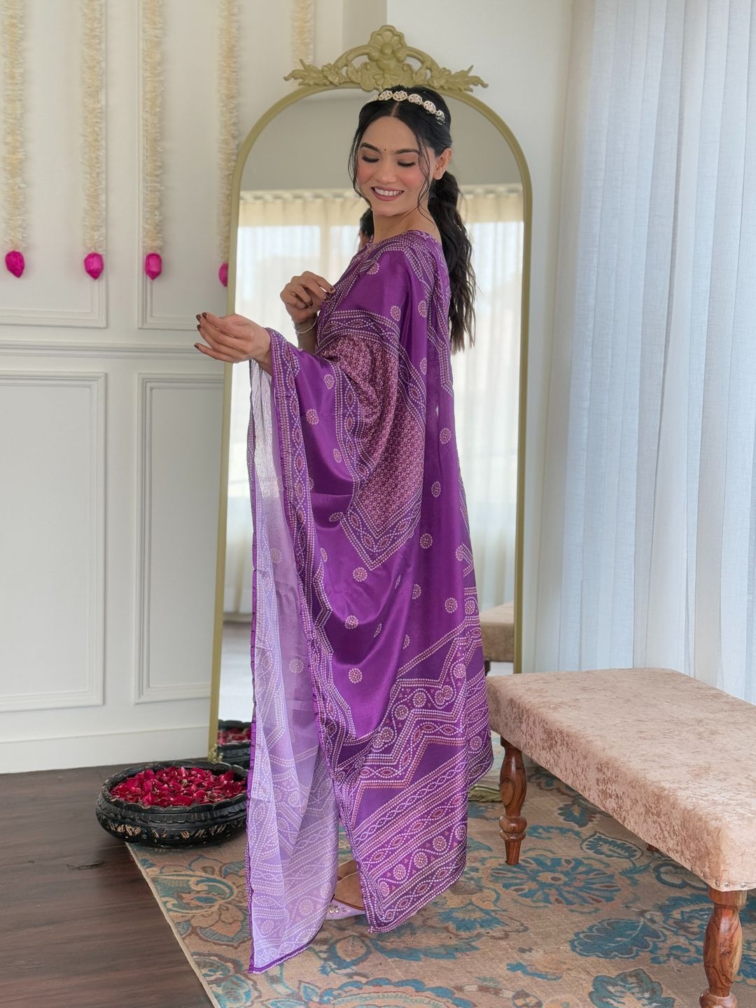 Shop Purple French Crepe Hand Mirror Work Suit Set