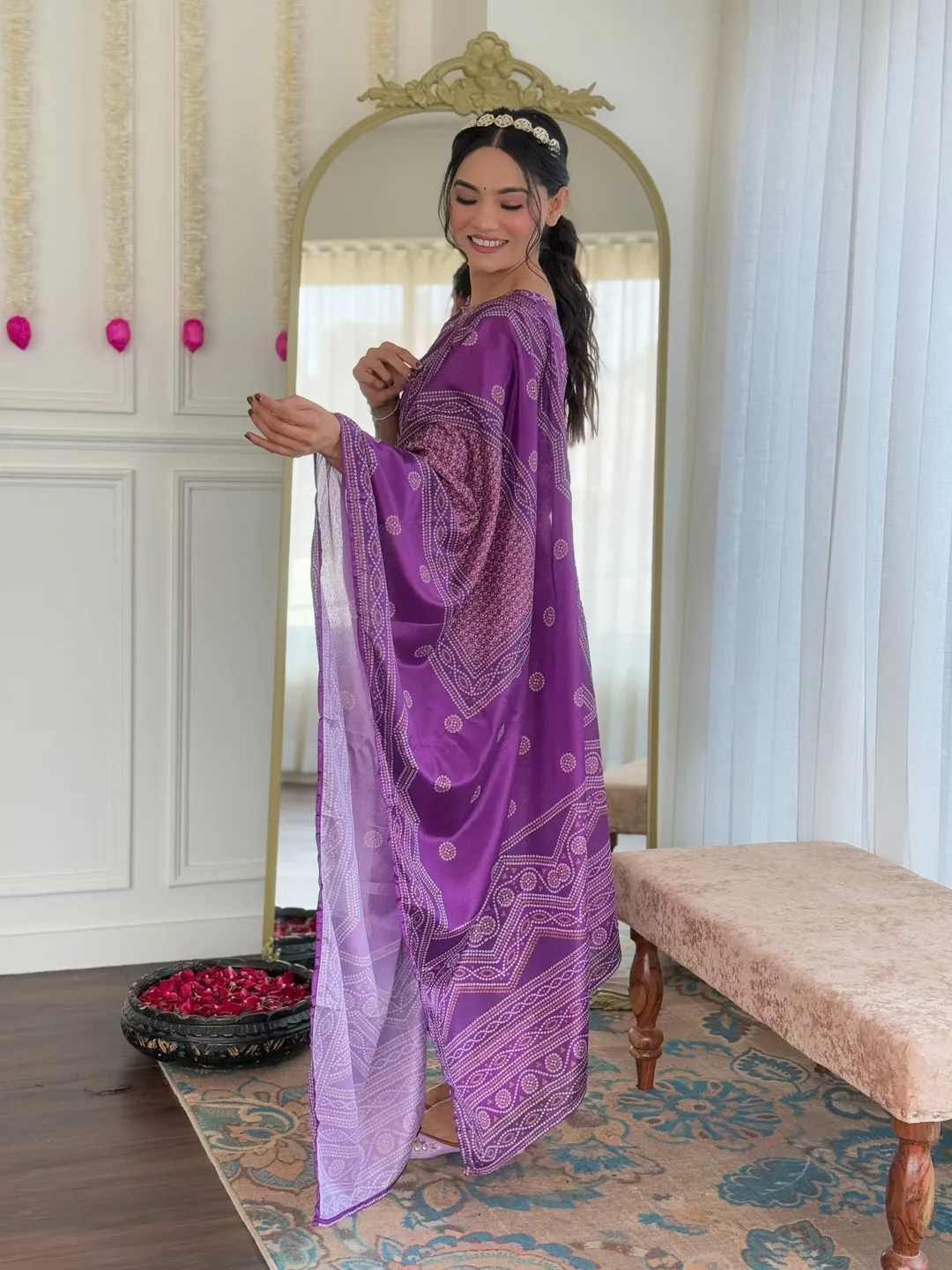 Shop Purple French Crepe Hand Mirror Work Suit Set