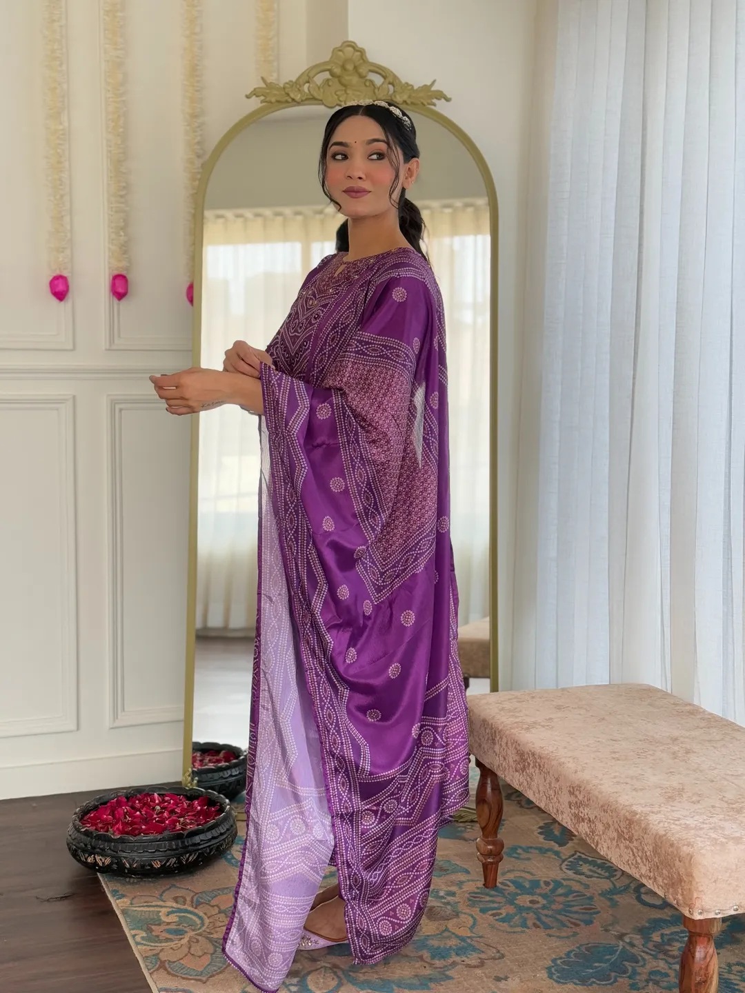 Shop Purple French Crepe Hand Mirror Work Suit Set