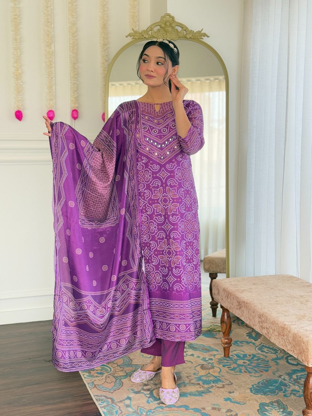 Shop Purple French Crepe Hand Mirror Work Suit Set