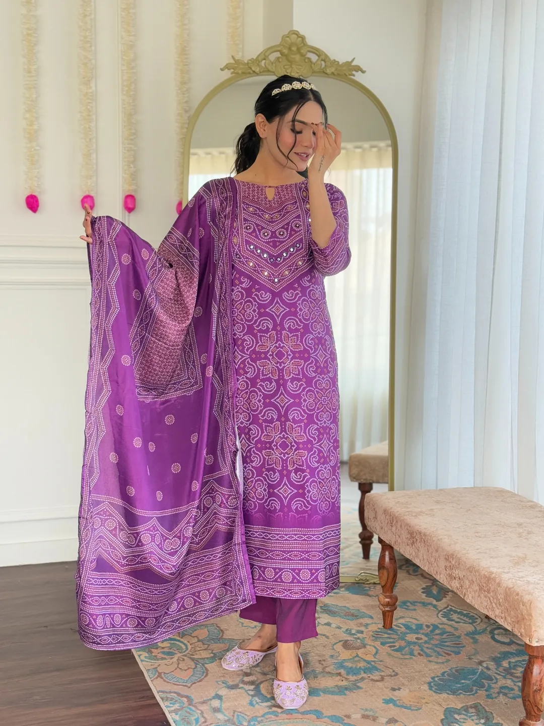 Shop Purple French Crepe Hand Mirror Work Suit Set