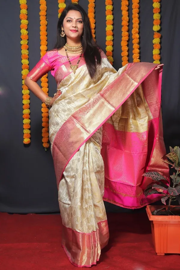 Cream Pink Banarasi Soft Silk Zari Weave Saree