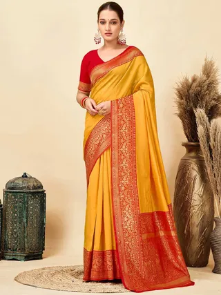 Mustard Yellow Banarasi Soft Silk Zari Weave Saree
