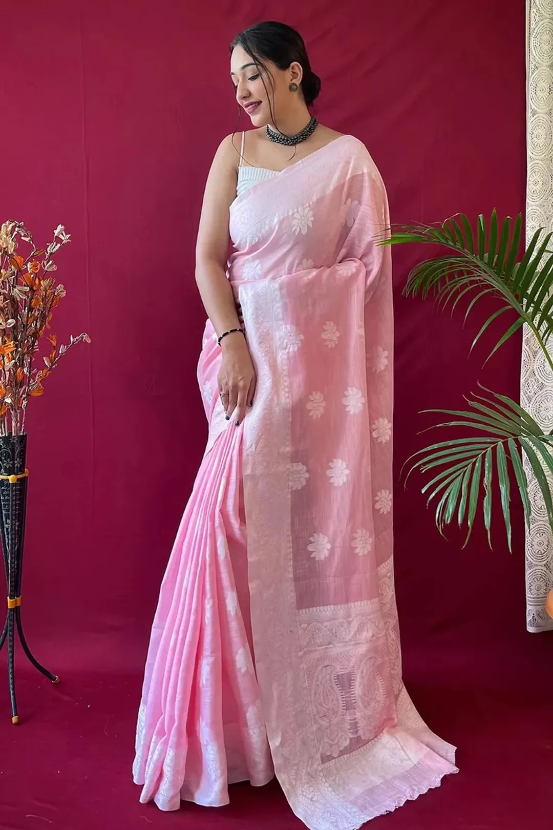 Pink Banarasi Soft Silk Jacquard Saree with Zari