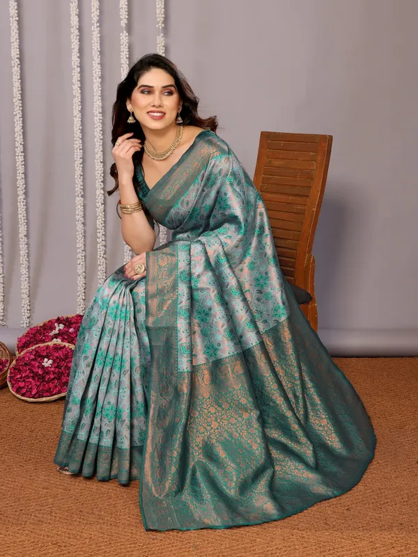 Teal Green Banarasi Soft Silk Jacquard Saree
