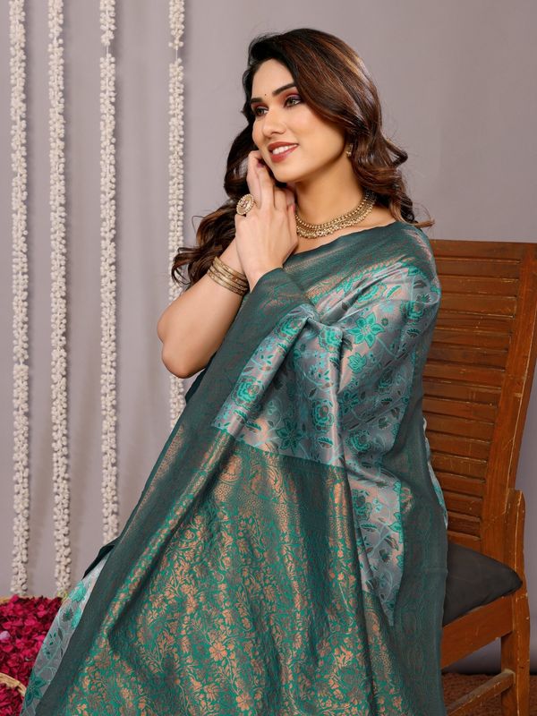 Teal Green Banarasi Soft Silk Jacquard Saree