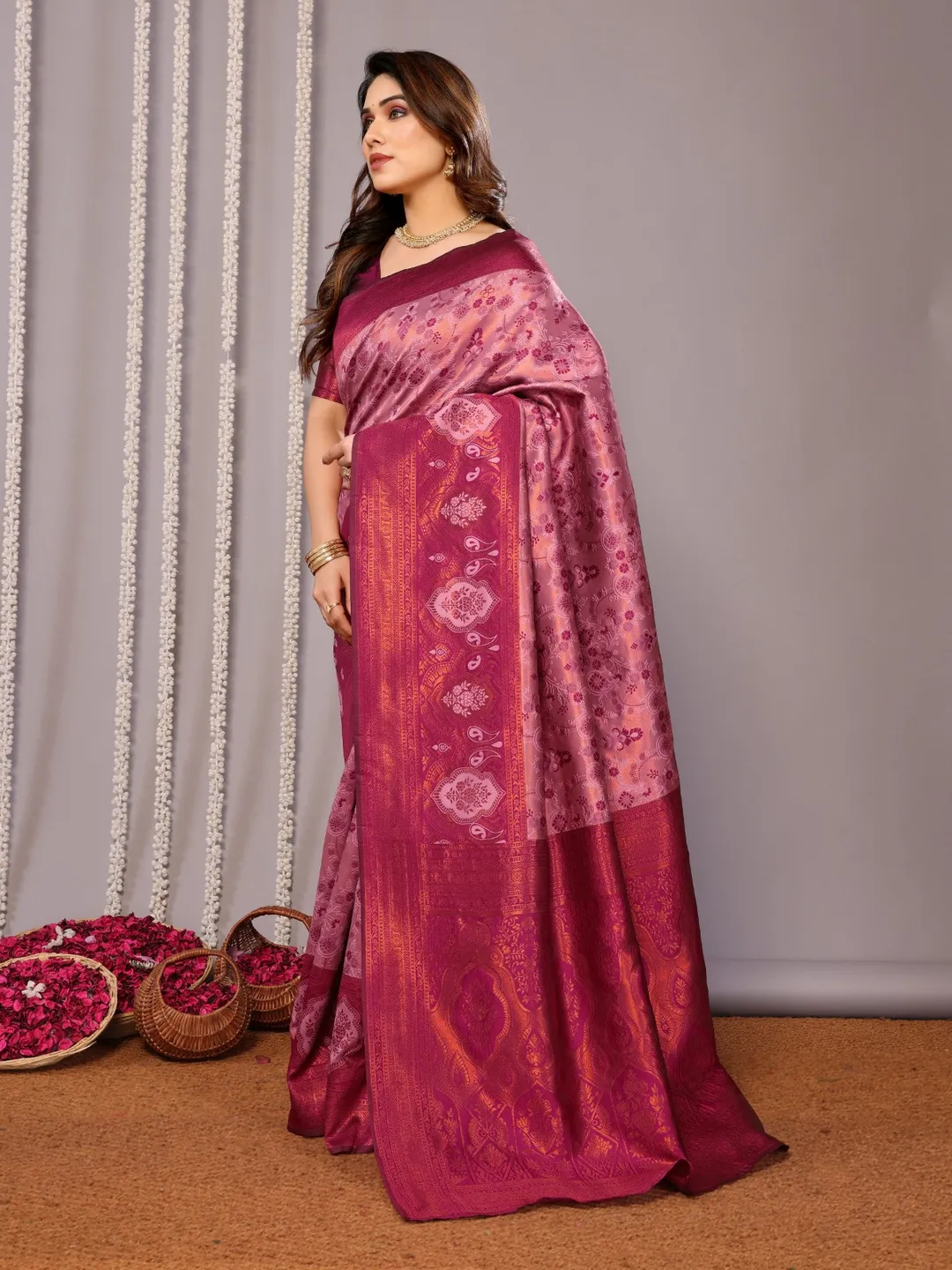Wine Banarasi Soft Silk Jacquard Saree with Zari
