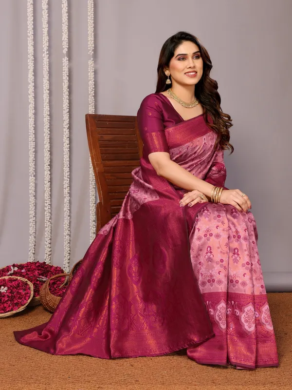 Wine Banarasi Soft Silk Jacquard Saree with Zari