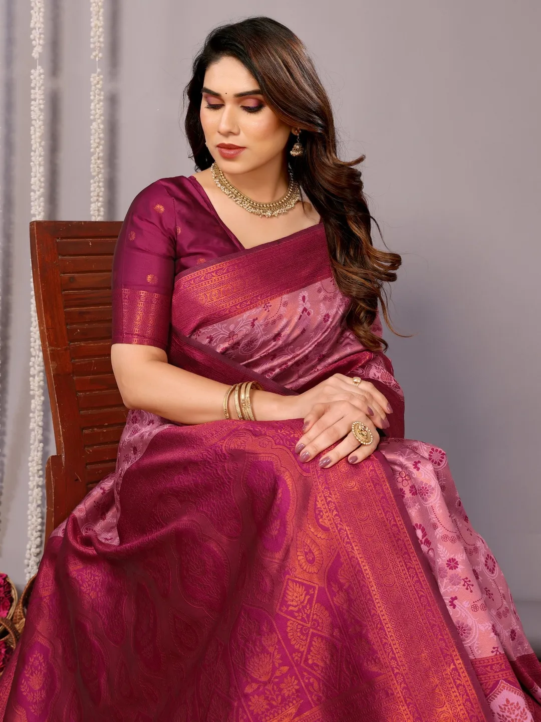 Wine Banarasi Soft Silk Jacquard Saree with Zari
