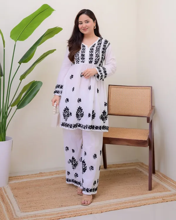White Black Embroidered Rayon Kurta Palazzo Set