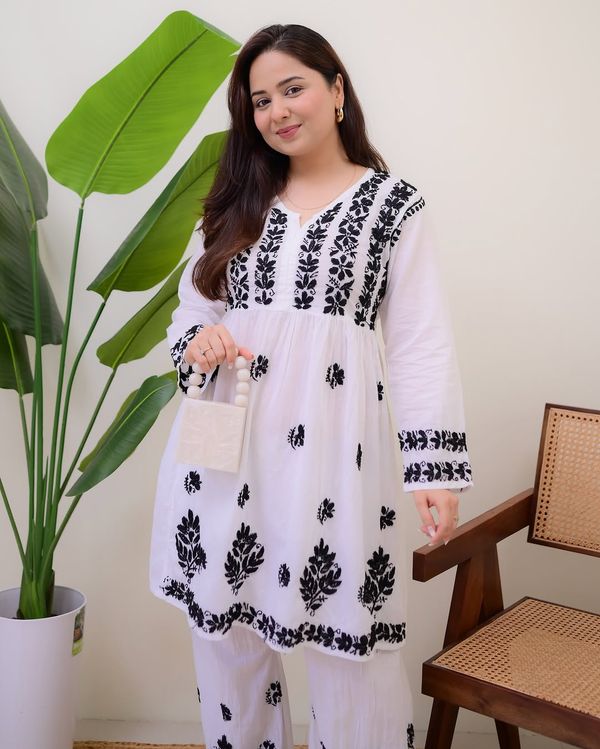 White Black Embroidered Rayon Kurta Palazzo Set