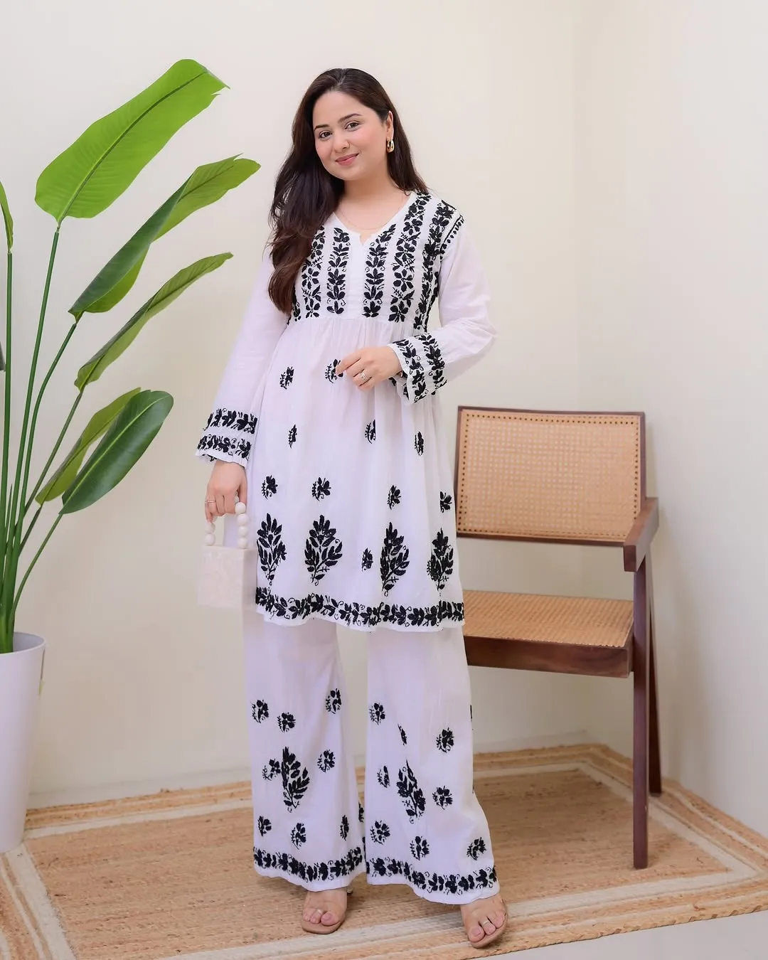 White Black Embroidered Rayon Kurta Palazzo Set