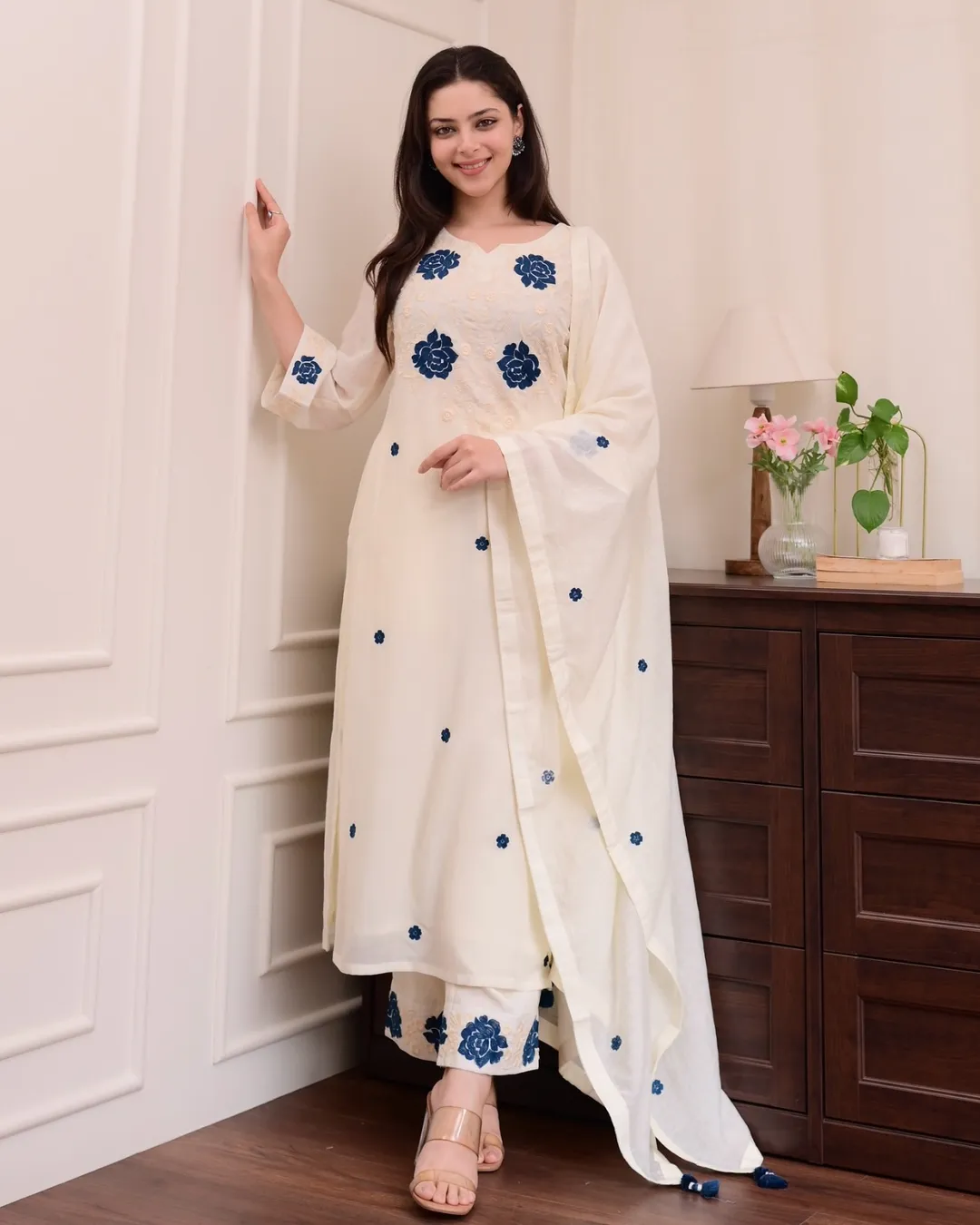 Cream Blue Embroidered Viscose Kurti Set