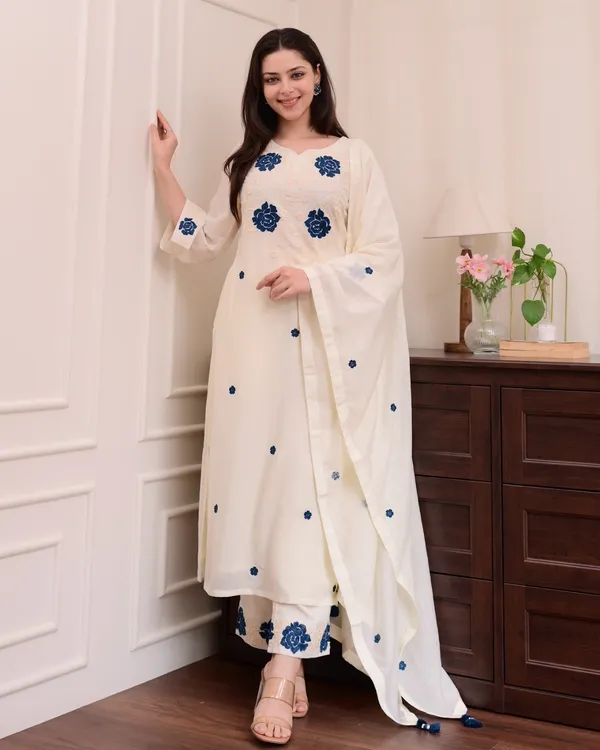 Cream Blue Embroidered Viscose Kurti Set