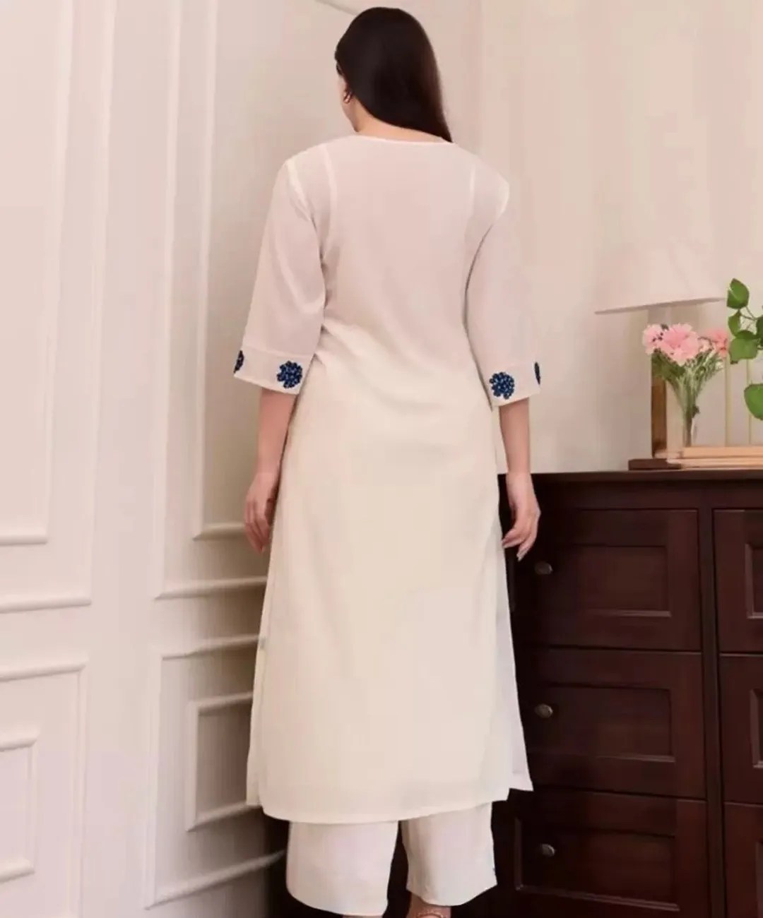 Cream Blue Embroidered Viscose Kurti Set