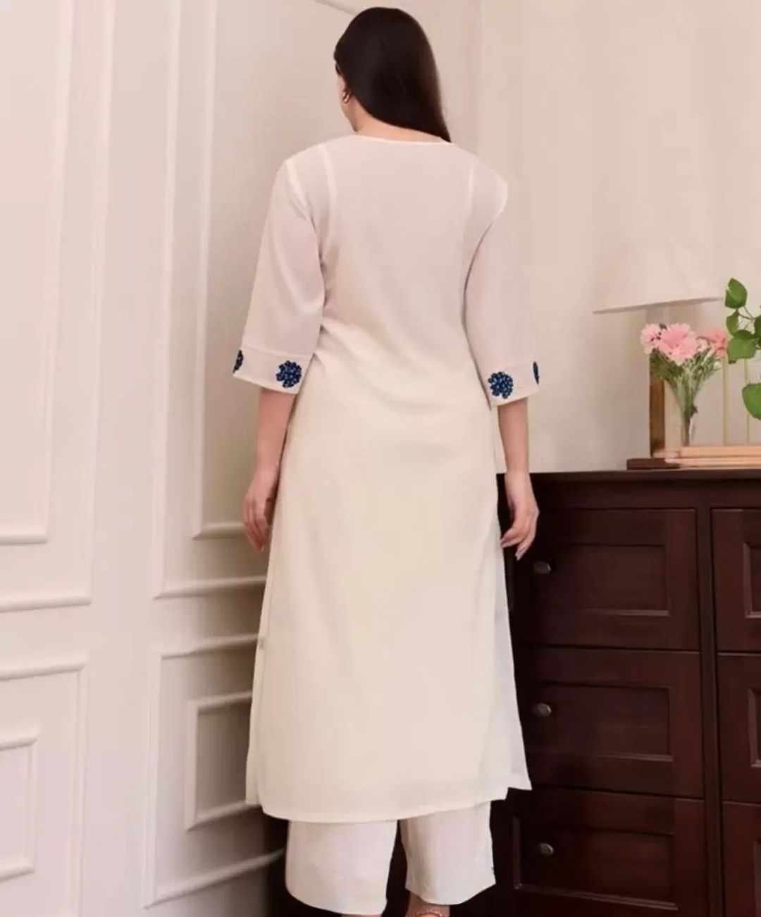 Cream Blue Embroidered Viscose Kurti Set