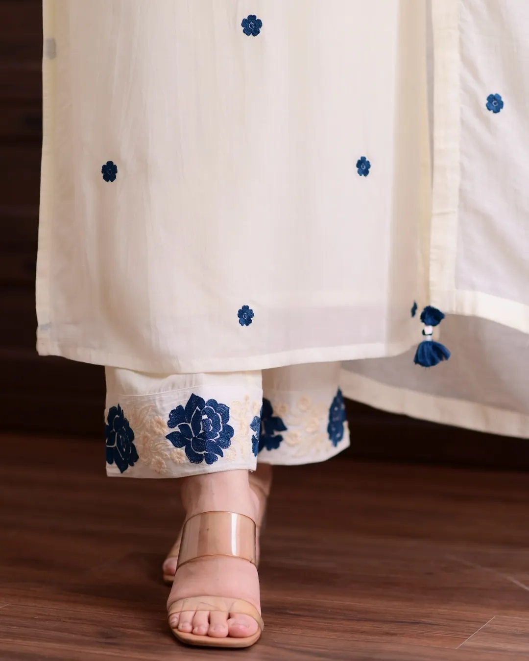 Cream Blue Embroidered Viscose Kurti Set