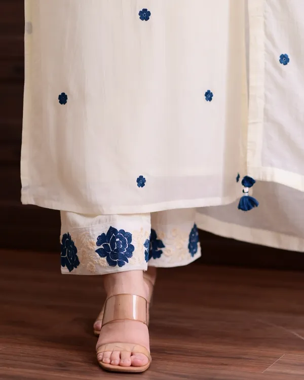 Cream Blue Embroidered Viscose Kurti Set