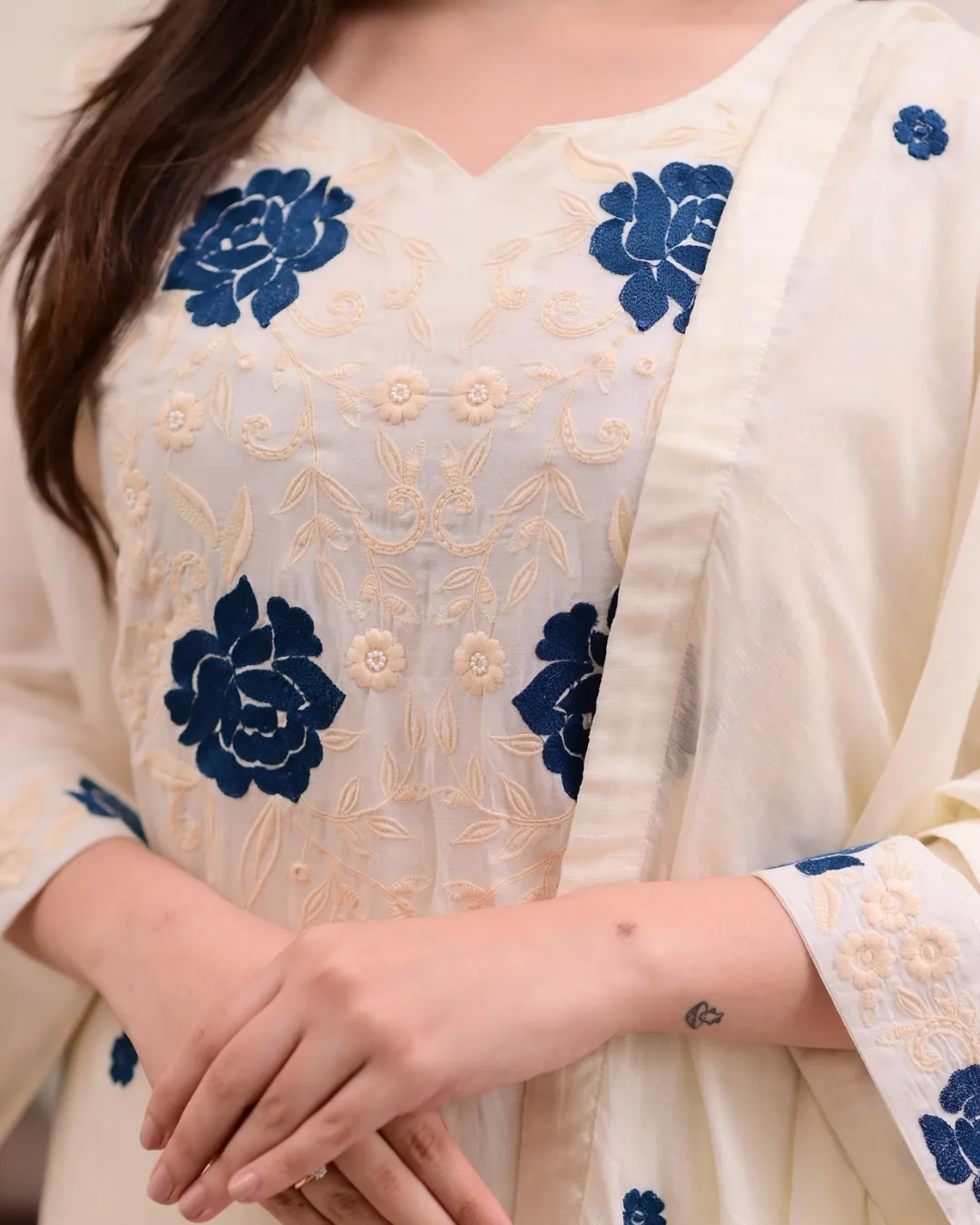 Cream Blue Embroidered Viscose Kurti Set