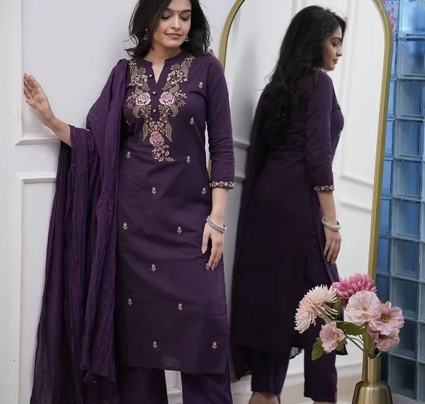Purple Embroidered Viscose Kurti Set with Dupatta