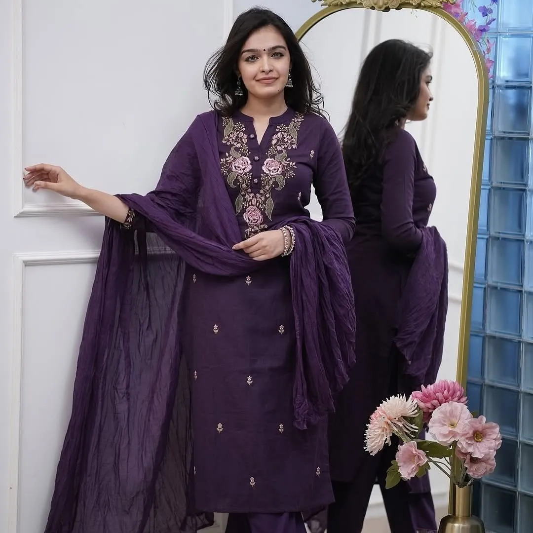 Purple Embroidered Viscose Kurti Set with Dupatta