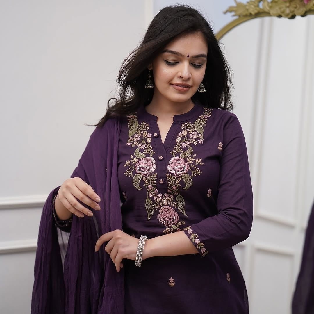 Purple Embroidered Viscose Kurti Set with Dupatta