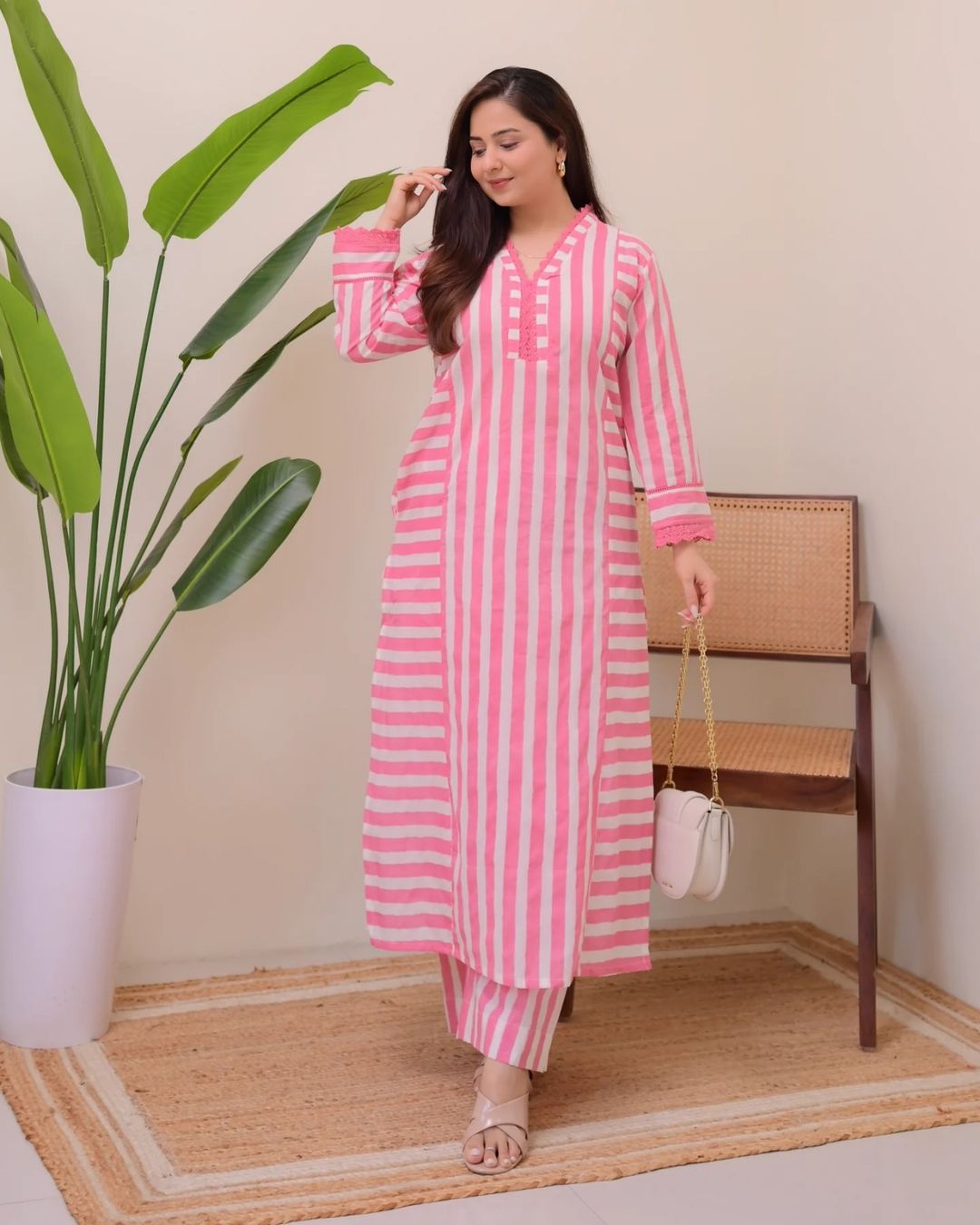 Striped Rayon Straight Kurta Palazzo Set for Women