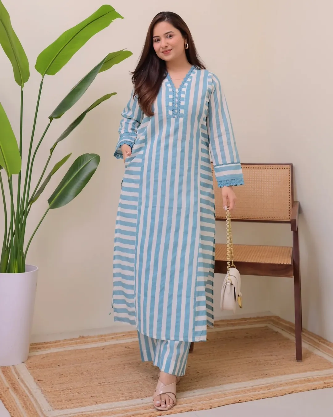 Striped Rayon Straight Kurta Palazzo Set for Women