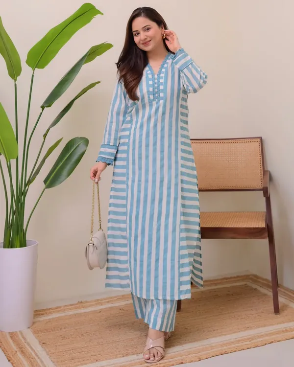 Striped Rayon Straight Kurta Palazzo Set for Women