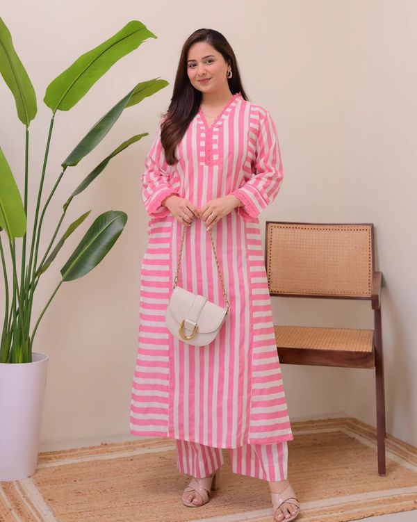 Striped Rayon Straight Kurta Palazzo Set for Women